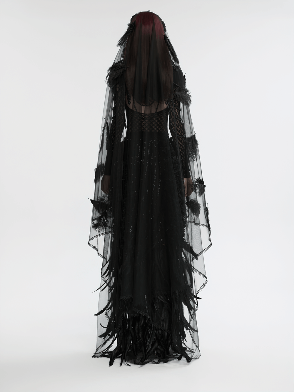 Elegant gothic veil with lace hem, feathers, and 3D roses, creating a striking alternative fashion statement.
