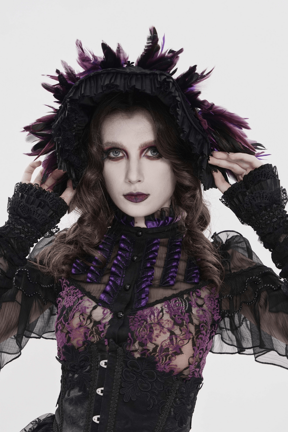 Gothic Feather Halo Bonnet Headdress for Women showcased with dramatic feathers and layered ruffles, perfect for dark fantasy looks.