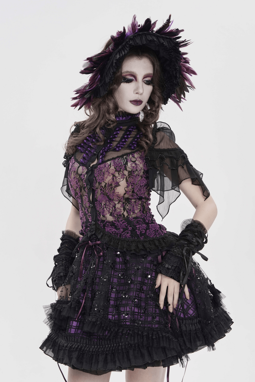 Gothic Feather Halo Bonnet Headdress for Women worn by a model in a dark fantasy outfit with purple accents.