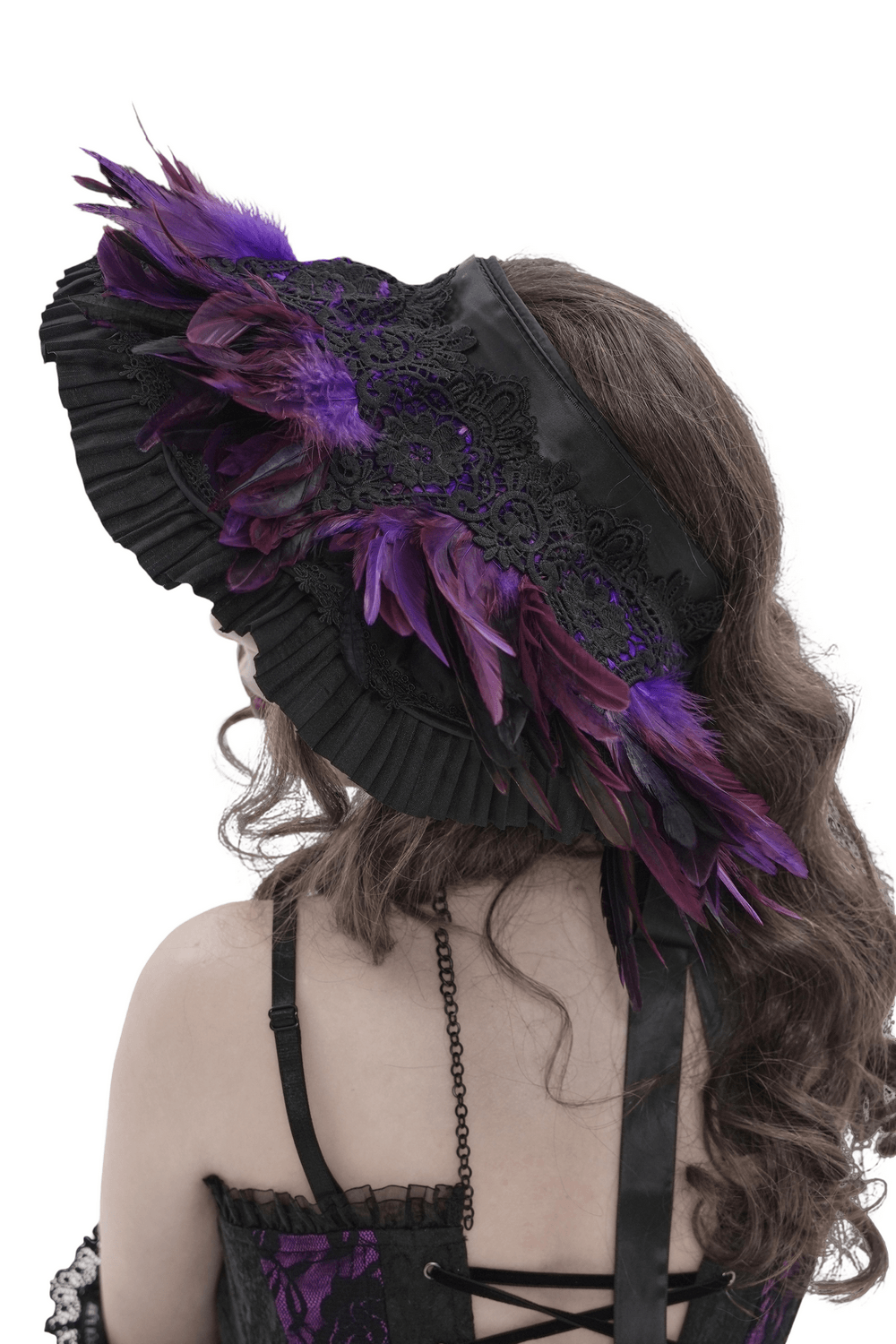 Gothic Feather Halo Bonnet Headdress for Women with purple feathers and layered black ruffles on a model.