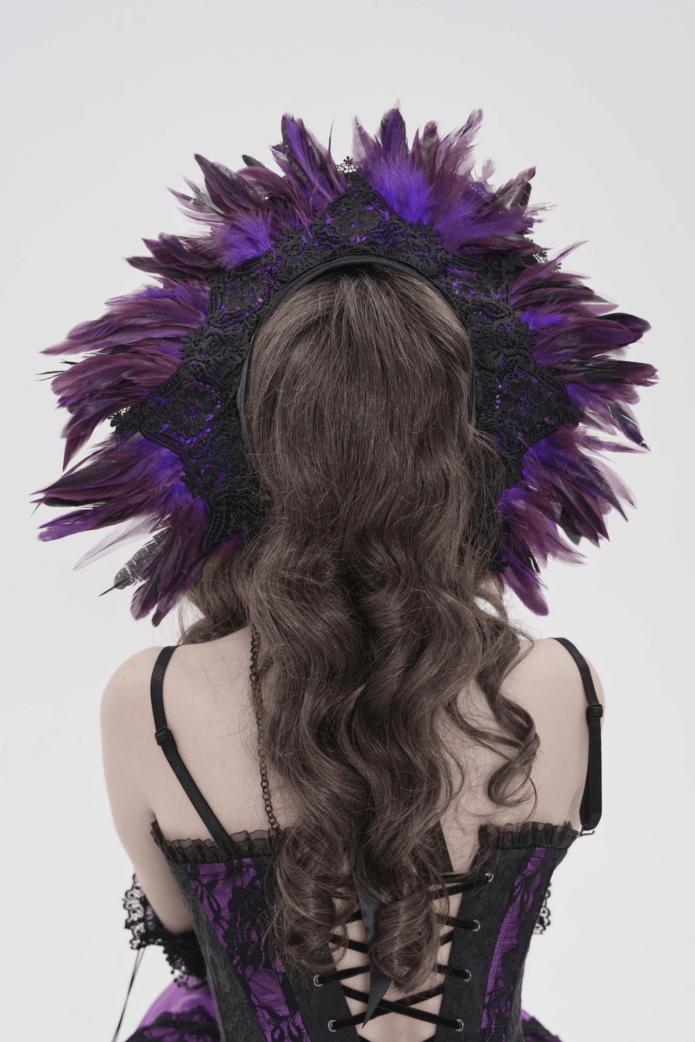 Gothic Feather Halo Bonnet Headdress for Women showcasing vibrant purple feathers and intricate design from the back.