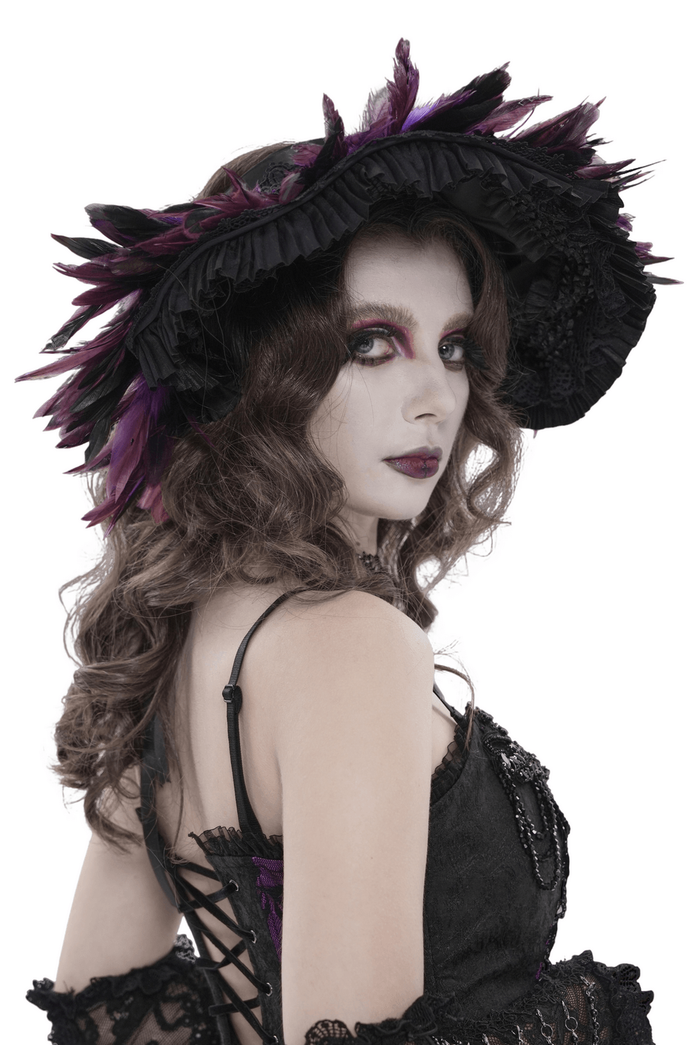 Gothic Feather Halo Bonnet Headdress for Women featuring dramatic feathers and ribbon ties for a dark fantasy look.