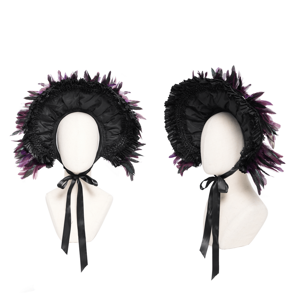 Gothic Feather Halo Bonnet Headdress for Women with layered black ruffles and iridescent purple feathers.