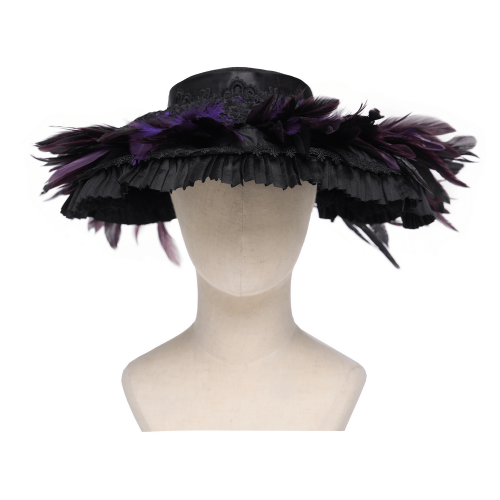 Gothic Feather Halo Bonnet Headdress for Women featuring purple feathers and black ruffles on a sculpted halo design.
