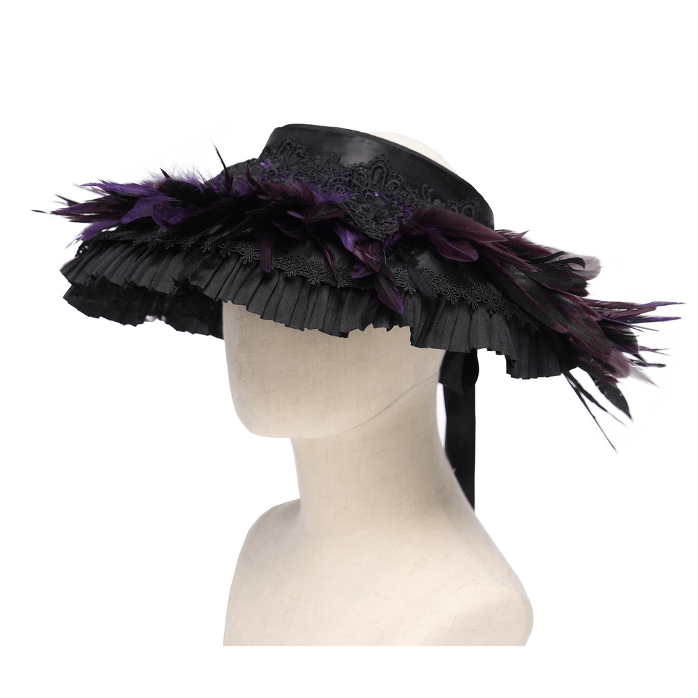 Gothic Feather Halo Bonnet Headdress for Women adorned with black ruffles and purple feathers.