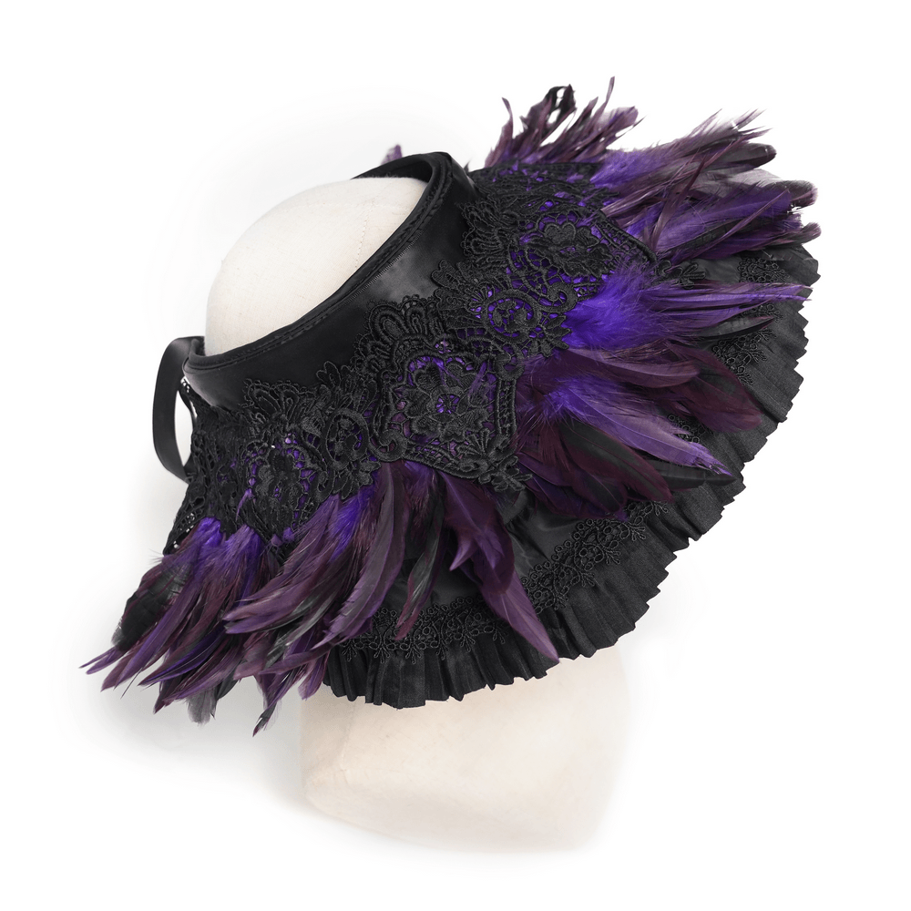 Gothic Feather Halo Bonnet Headdress for Women with purple feathers and intricate black design