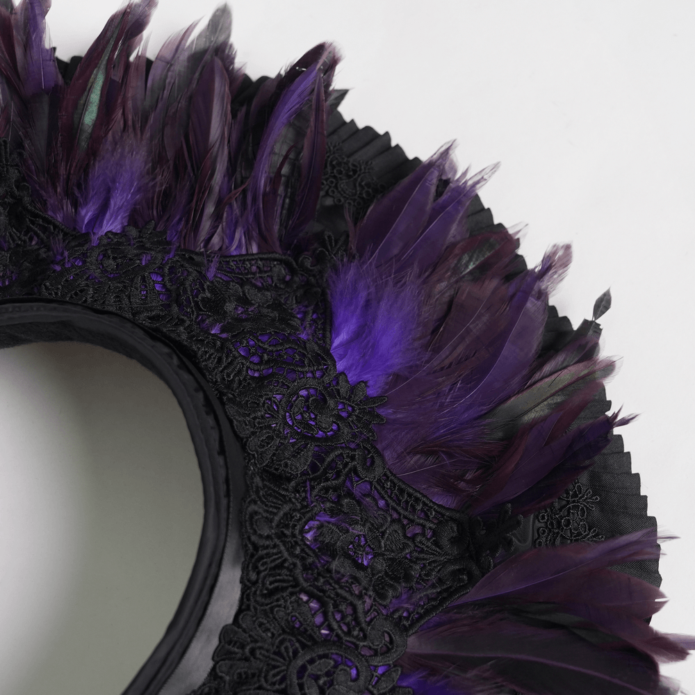 Gothic Feather Halo Bonnet Headdress for Women featuring purple feathers and intricate black lace detailing.