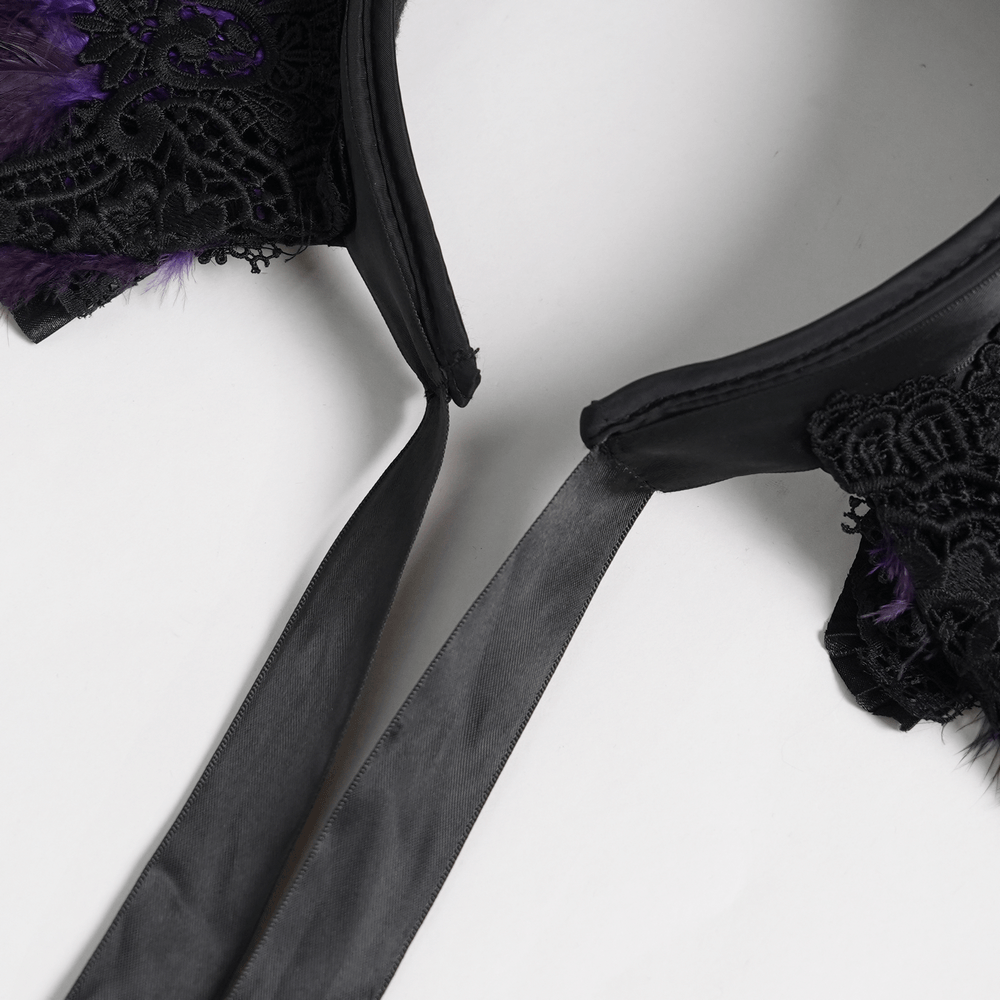 Gothic Feather Halo Bonnet Headdress for Women showcasing intricate black fabric and purple feather accents.