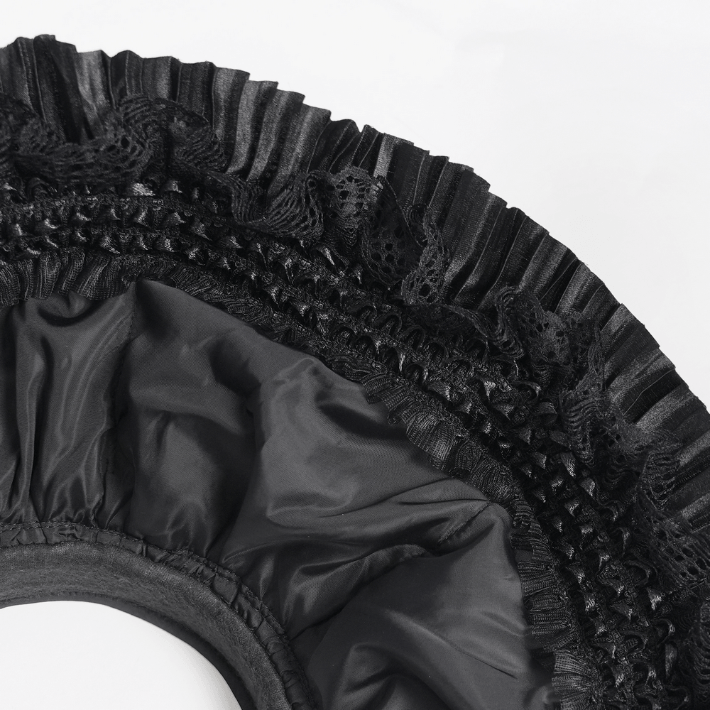 Gothic Feather Halo Bonnet Headdress for Women featuring intricate black ruffles and satin detailing.
