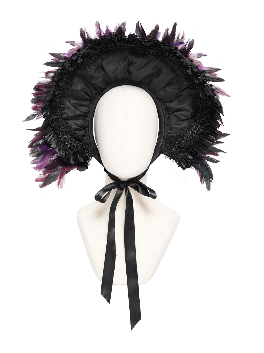 Gothic Feather Halo Bonnet Headdress for Women on a mannequin, showcasing black fabric and purple feathers.