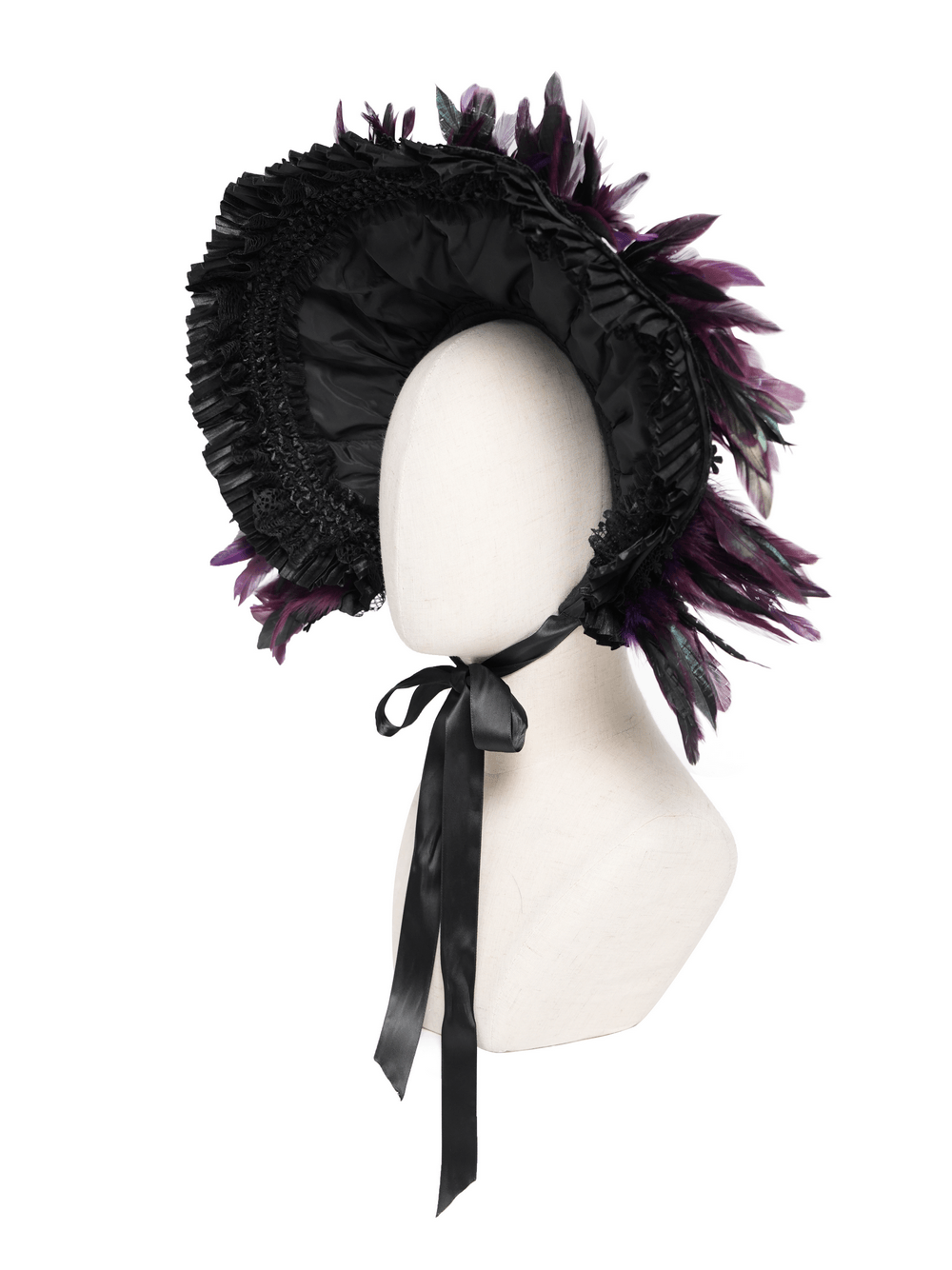 Gothic Feather Halo Bonnet Headdress for Women displayed on a mannequin with dramatic black ruffles and purple feathers.
