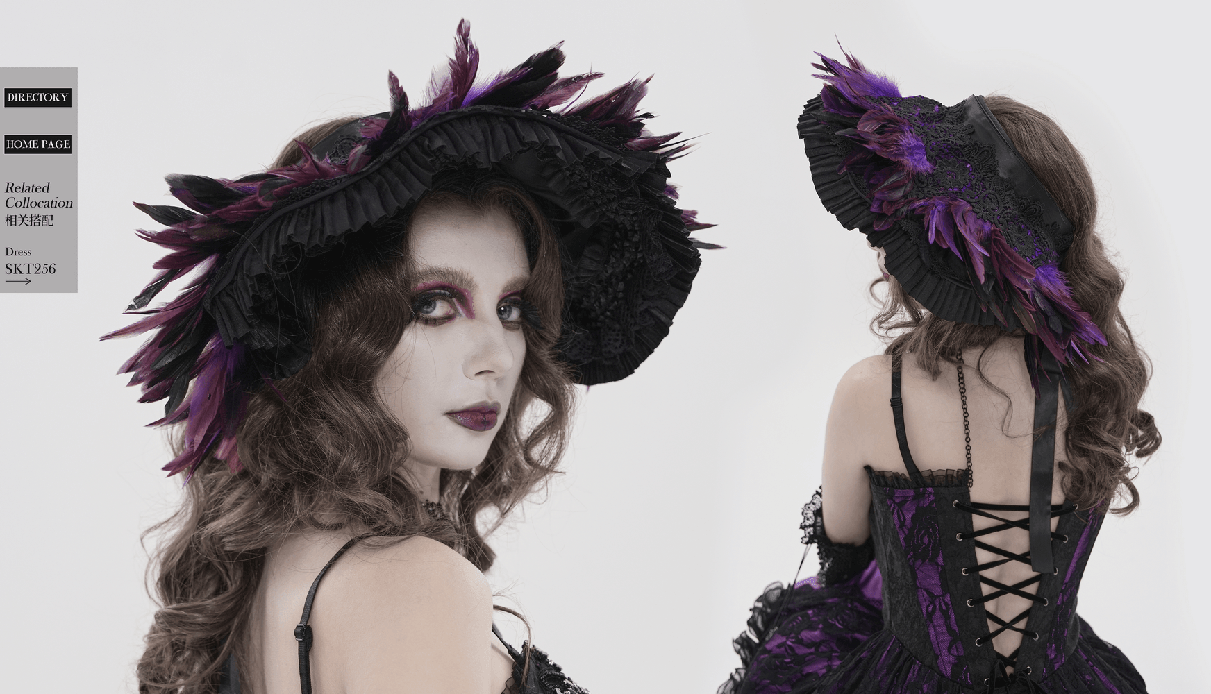 Gothic Feather Halo Bonnet Headdress for Women with black ruffles and iridescent purple feathers, model styling.