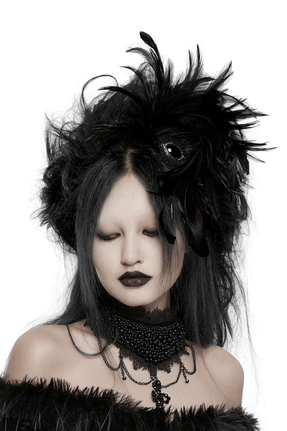 Gothic Feather Headpiece with Black Crystal Pendant