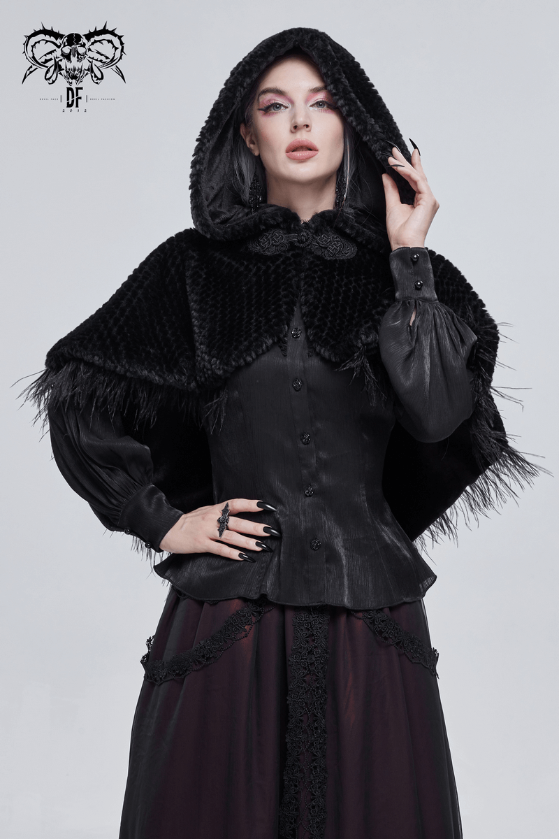 Gothic women's black hooded cape with feathers, stylish model showcasing vintage design and elegant details.