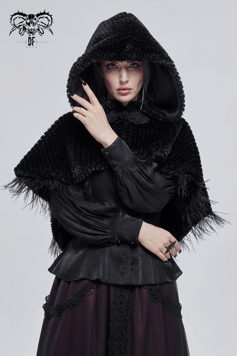Gothic women's black hooded cape with feathers, styled elegantly for a vintage look.