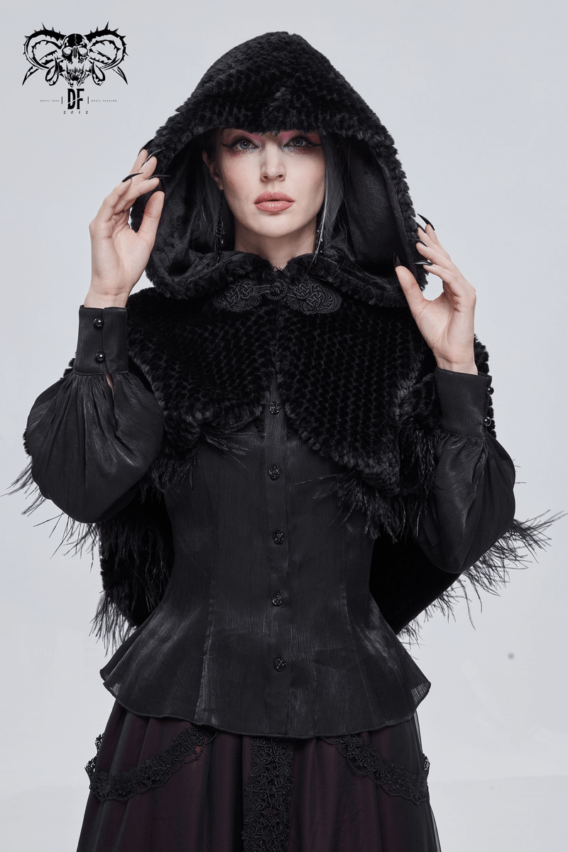 Gothic women's black hooded cape with feather detailing, perfect for vintage style and gothic fashion enthusiasts.