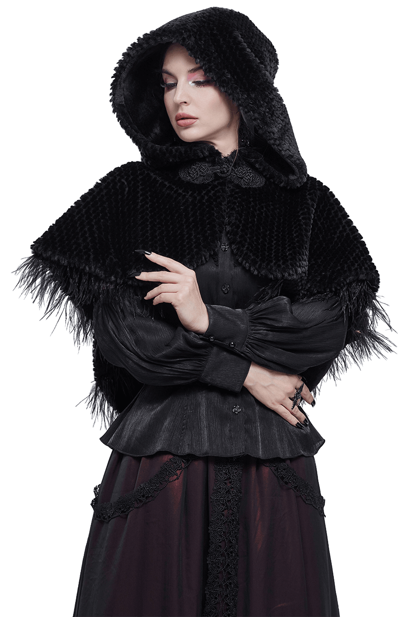 Gothic Feather Hooded Short Cape / Women's Grained Plush Cape with Fur Balls on the Back - HARD'N'HEAVY