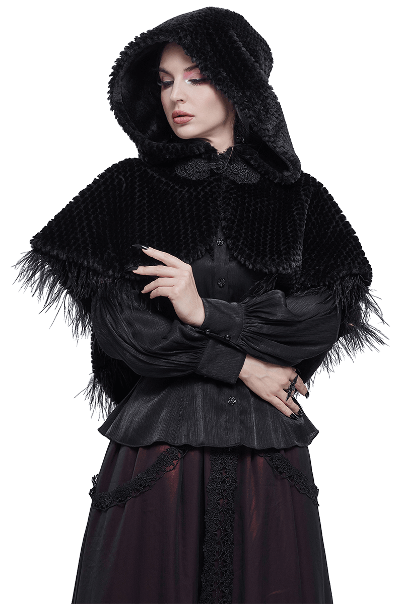 Gothic women's black hooded cape with feather detailing, perfect for an enchanting vintage look.