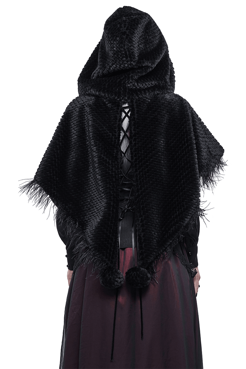 Gothic Feather Hooded Short Cape / Women's Grained Plush Cape with Fur Balls on the Back - HARD'N'HEAVY