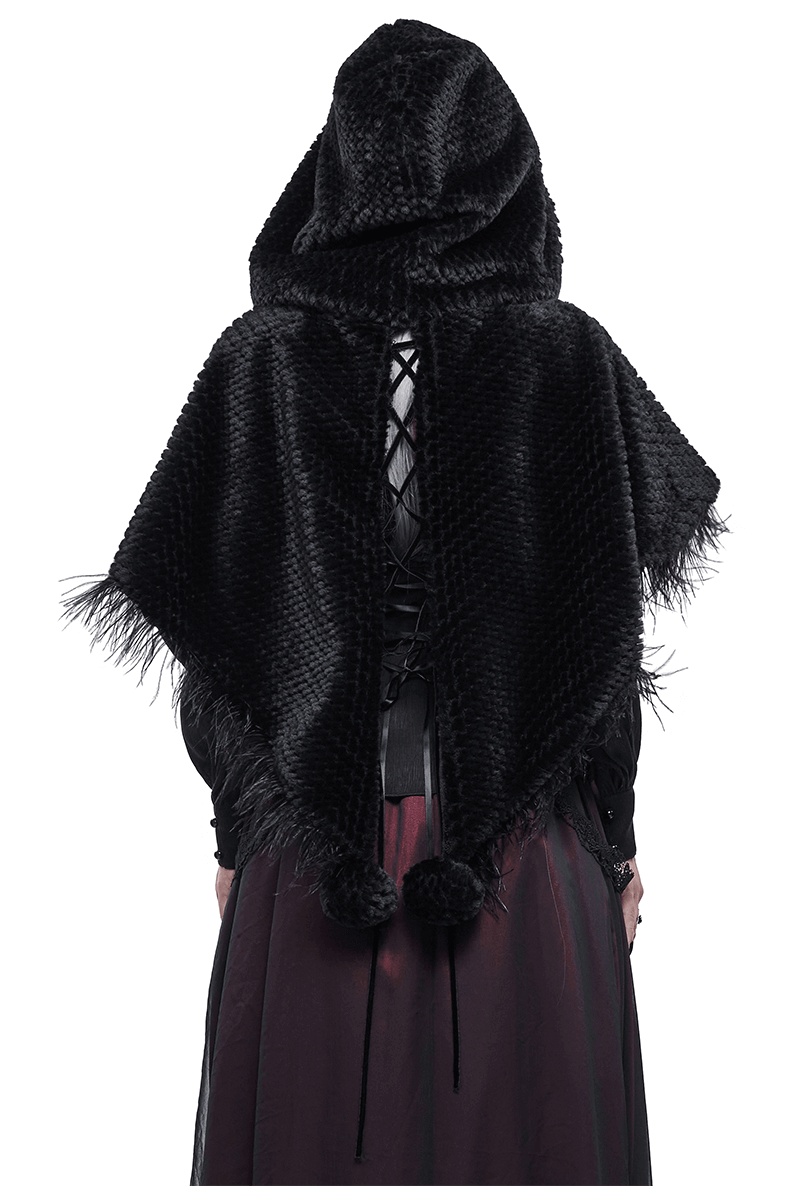 Back view of a women's gothic black hooded cape with feathers and fur balls, showcasing its stylish design.