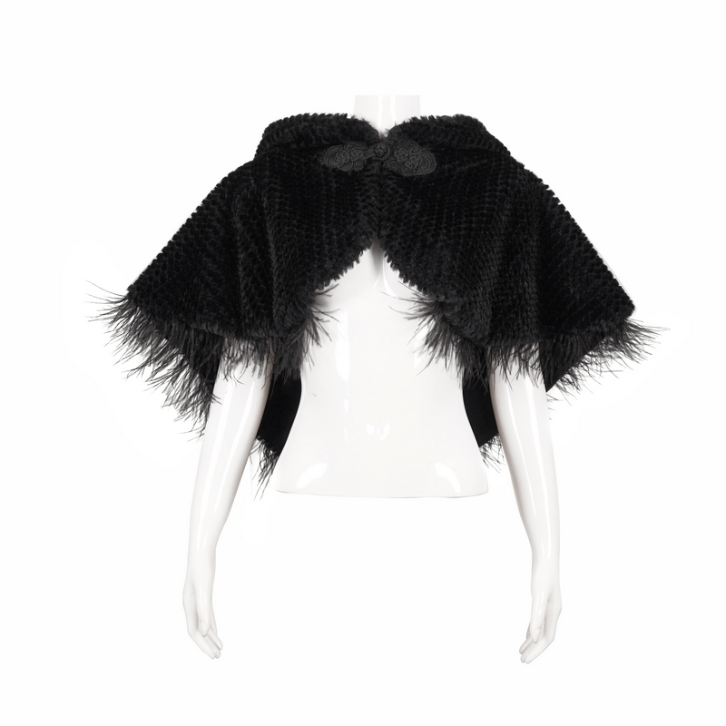 Gothic black hooded short cape with plush texture and feather trim, stylish women's outerwear for alternative fashion.
