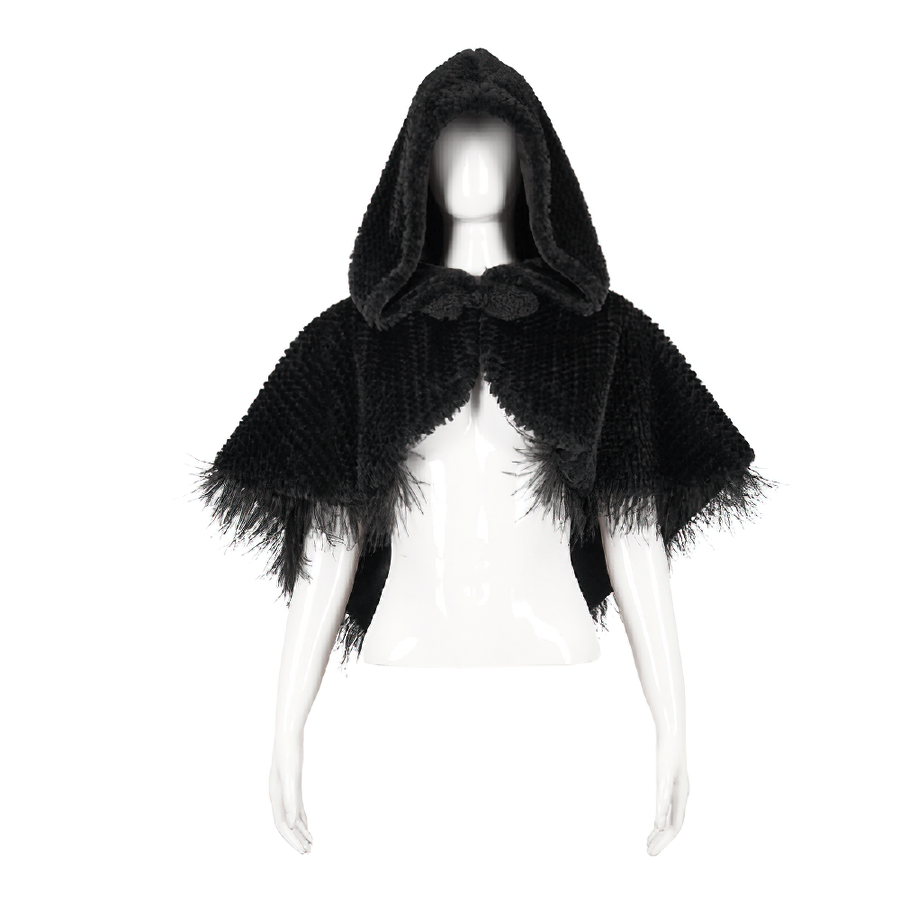 Gothic Feather Hooded Short Cape / Women's Grained Plush Cape with Fur Balls on the Back - HARD'N'HEAVY