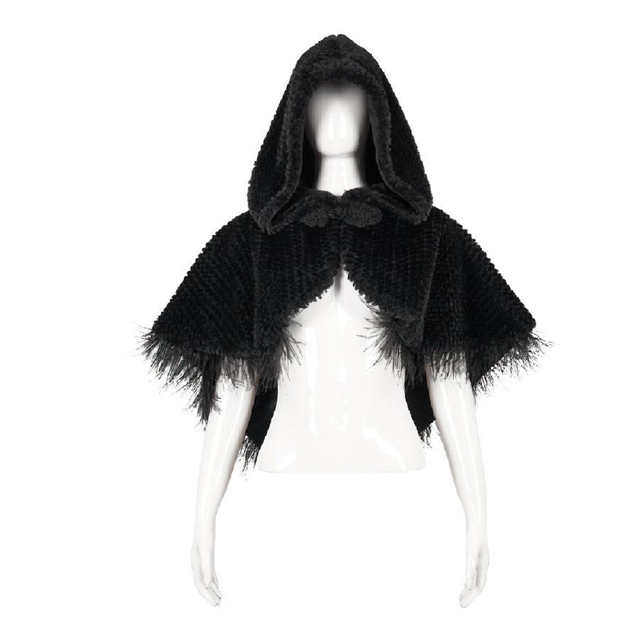 Gothic black hooded short cape with feather detailing, perfect for adding elegance to your gothic wardrobe.