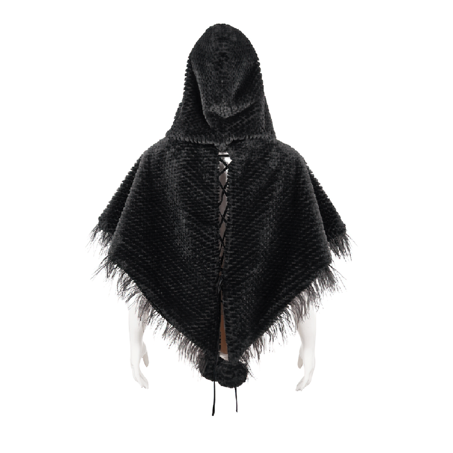 Gothic Feather Hooded Short Cape / Women's Grained Plush Cape with Fur Balls on the Back - HARD'N'HEAVY