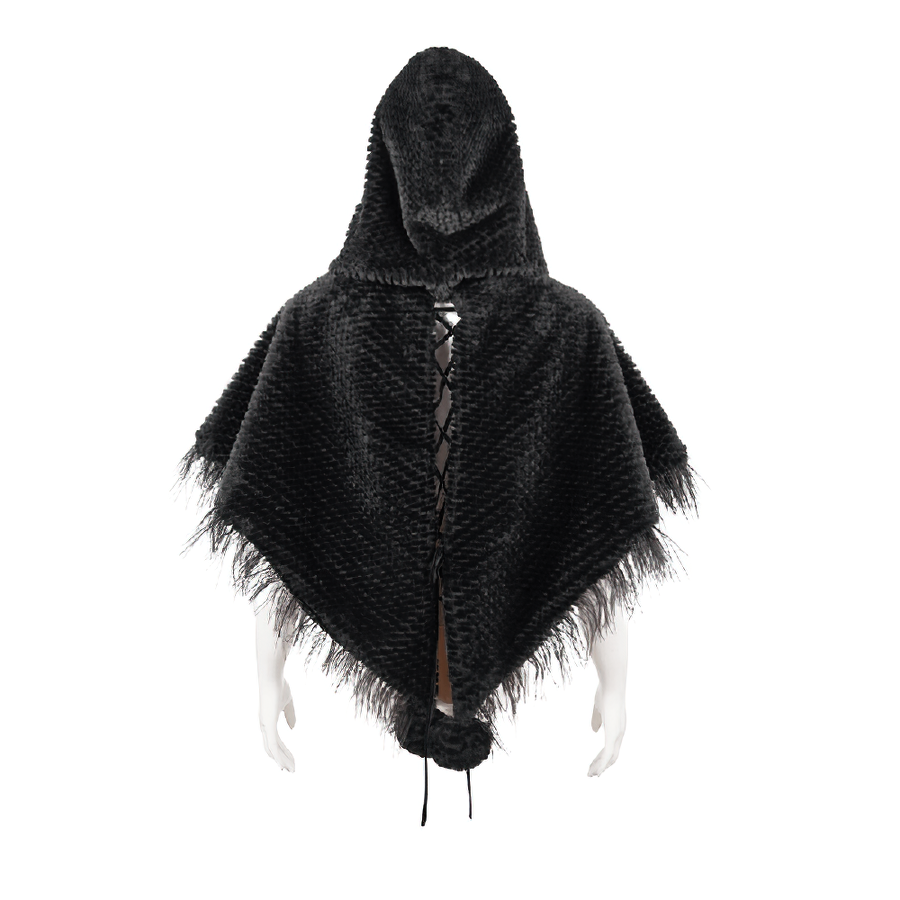 Back view of women's gothic black hooded cape featuring plush fabric and stylish fur ball accents.