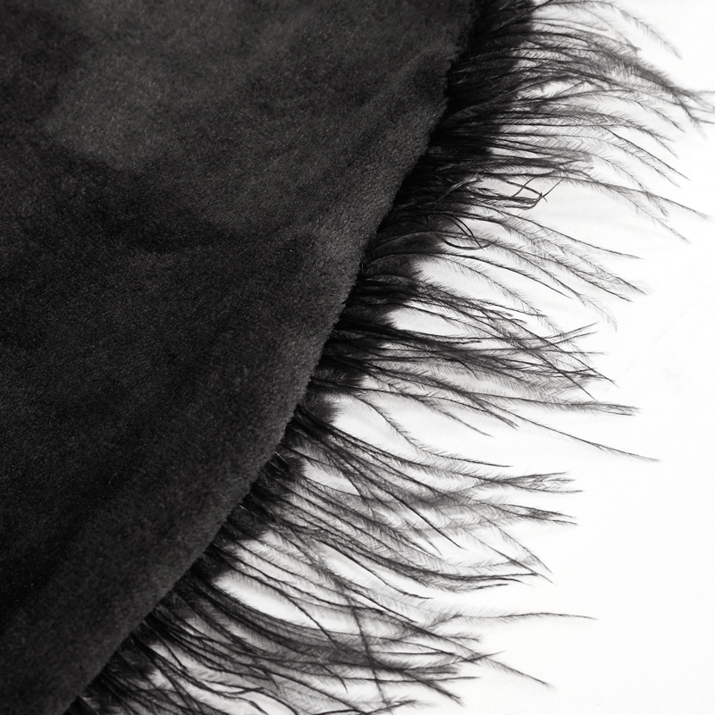 Close-up of the fringed edge of a black gothic cape, showcasing its soft texture and feather-like details.