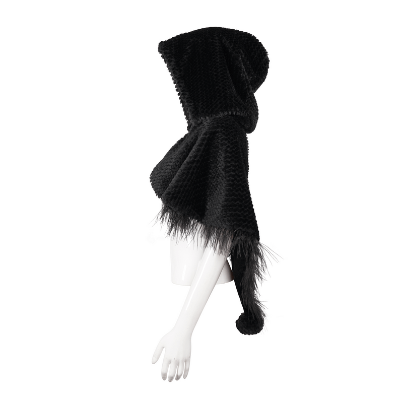 Gothic women's black hooded cape with plush texture and fur trim, perfect for adding flair to any gothic wardrobe.