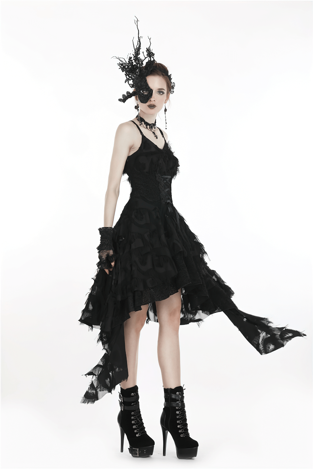 Gothic Feather Lace Dress with Side Slit and Long Hem