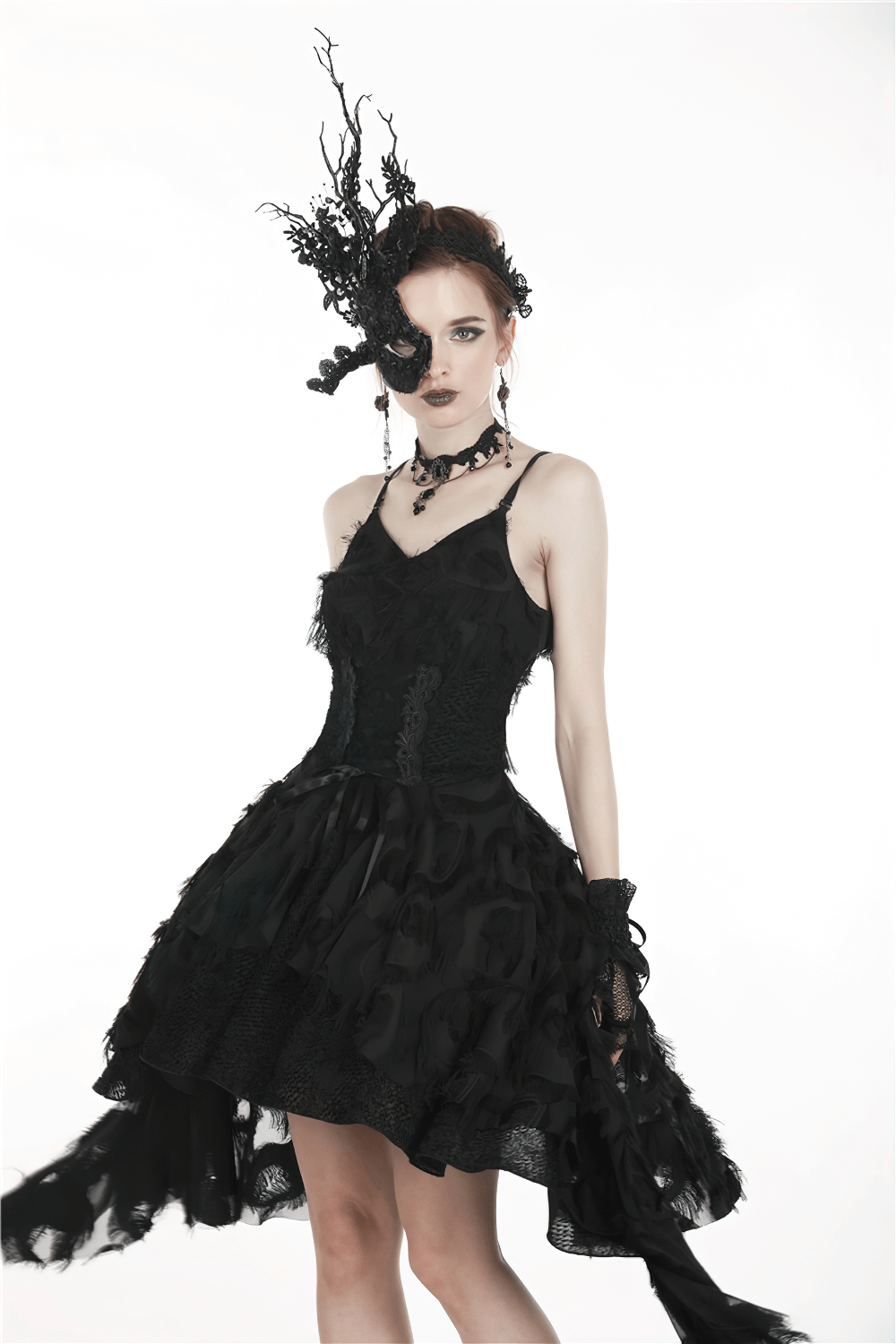 Gothic Feather Lace Dress with Side Slit and Long Hem