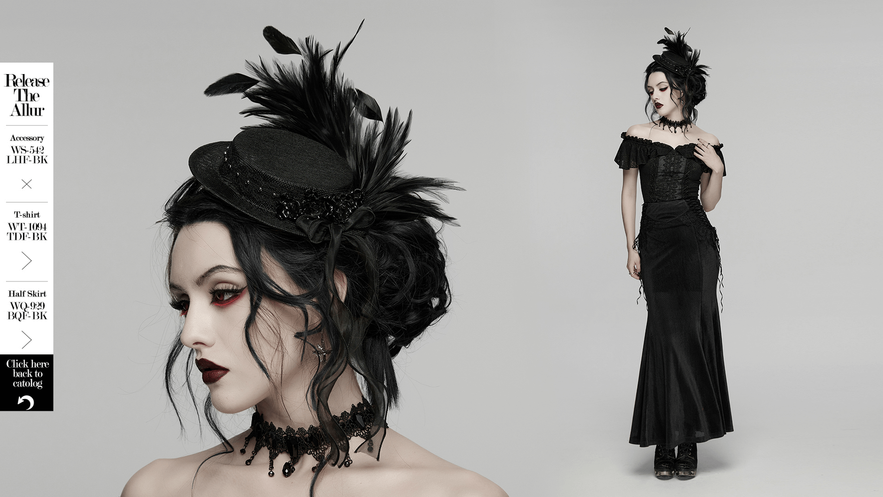Gothic Feather Mini Hat with Ribbons and Vintage Flair worn by model, showcasing dramatic style and vintage flair.