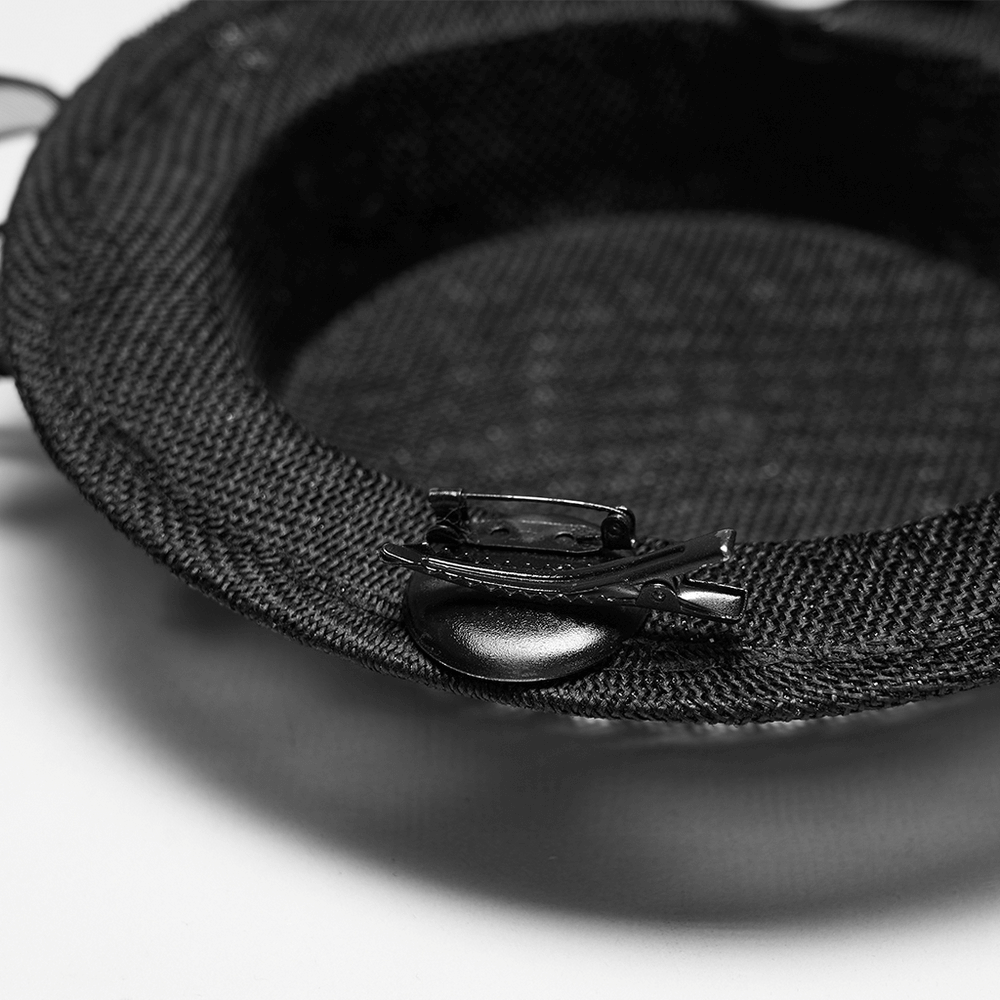 Gothic Feather Mini Hat with Ribbons and Vintage Flair showcasing a duckbill clip and vintage fabric details.