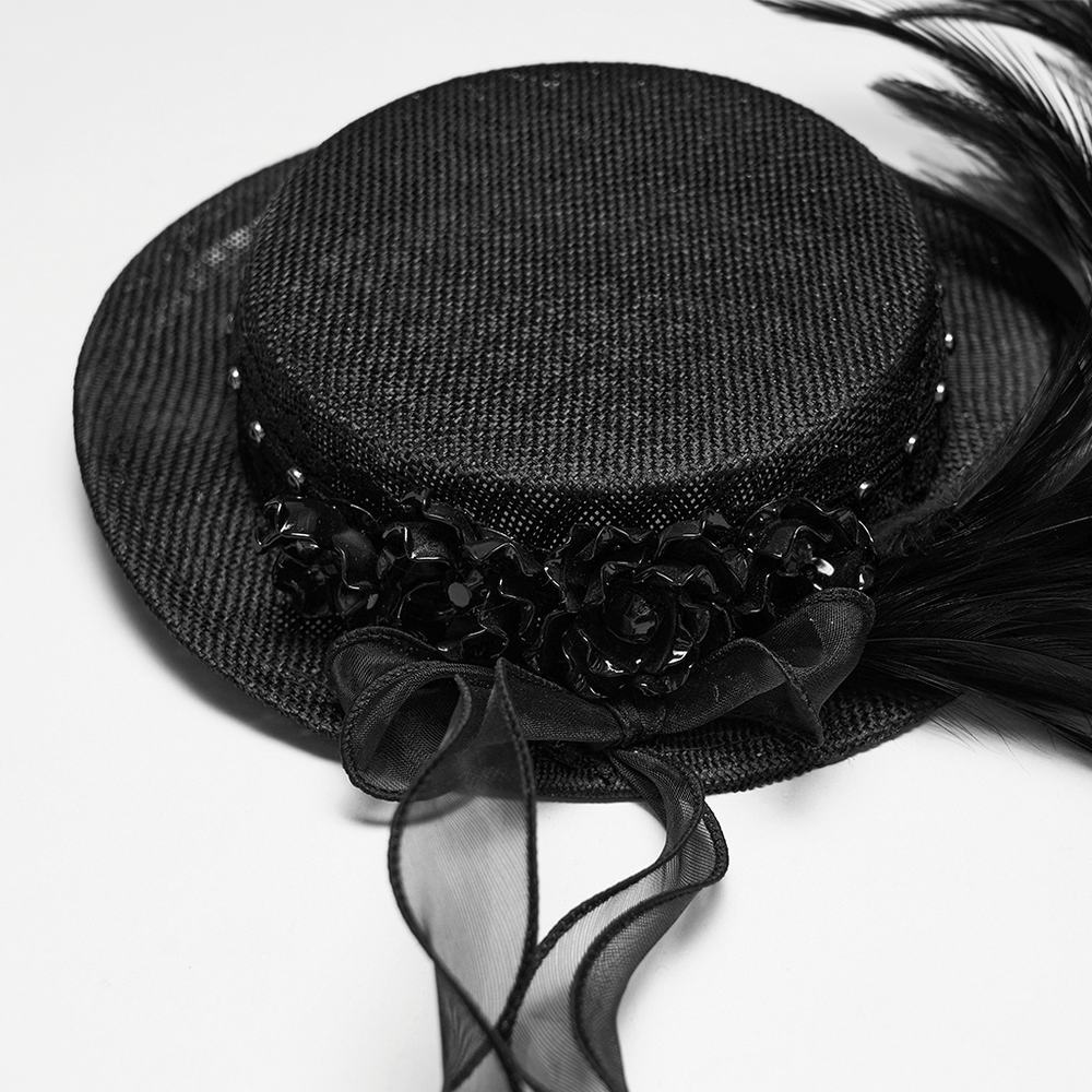 Gothic Feather Mini Hat with Ribbons and Vintage Flair featuring black roses and feathers.