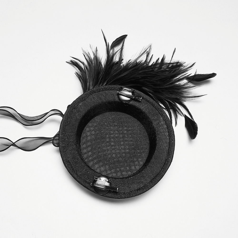 Gothic Feather Mini Hat with Ribbons and Vintage Flair featuring a dramatic feather detail and secure clip.