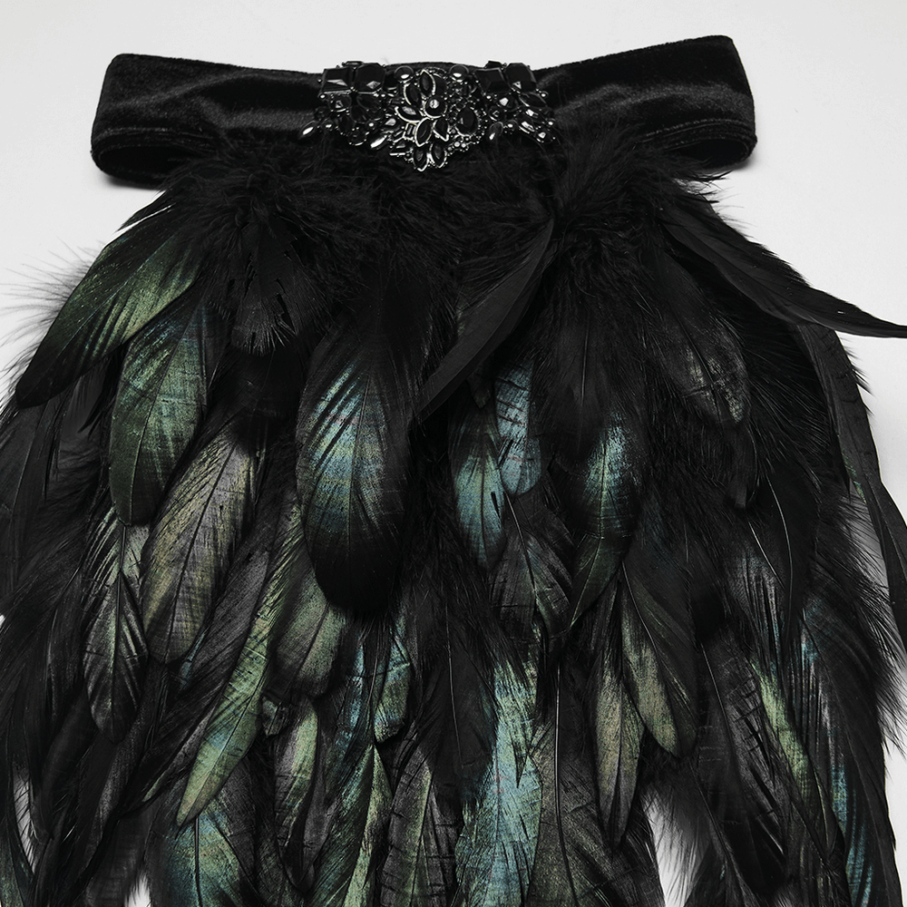 Gothic Feather Neck Collar with Velvet and Lace Detail featuring dramatic feathers and a gemstone embellishment.