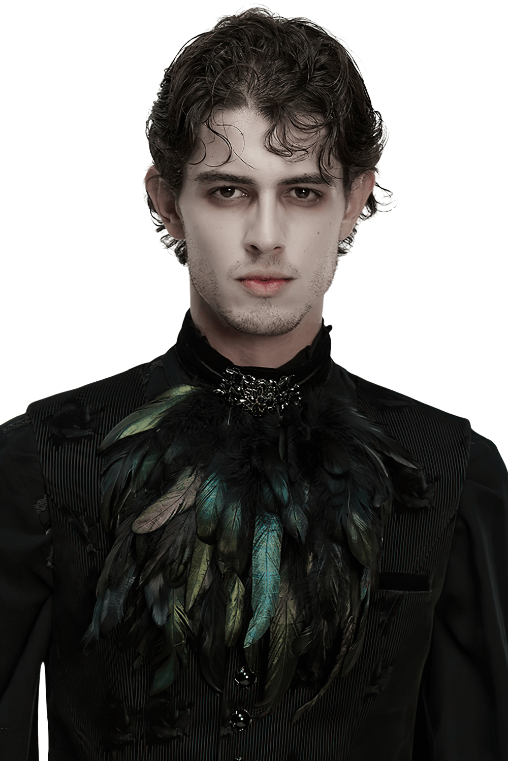 Gothic Feather Neck Collar with Velvet and Lace Detail worn by a model featuring glossy feathers and gemstone accents.