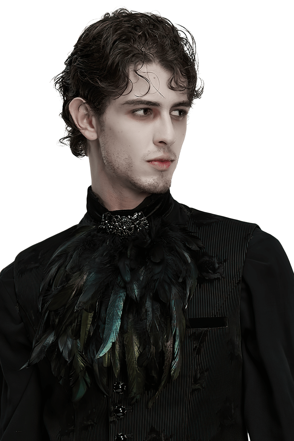 Gothic Feather Neck Collar with Velvet and Lace Detail worn by model, showcasing dramatic feathers and elegant gemstone accent.