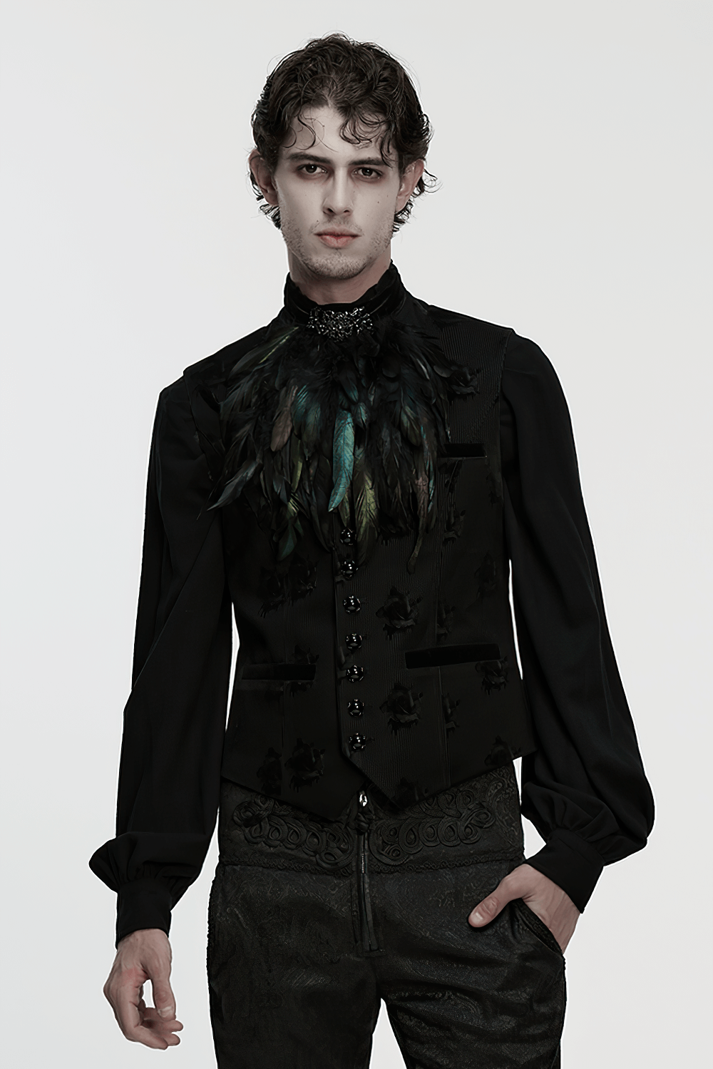 Stylish model showcasing Gothic Feather Neck Collar with Velvet and Lace Detail, featuring lace and feathers for a dramatic look.