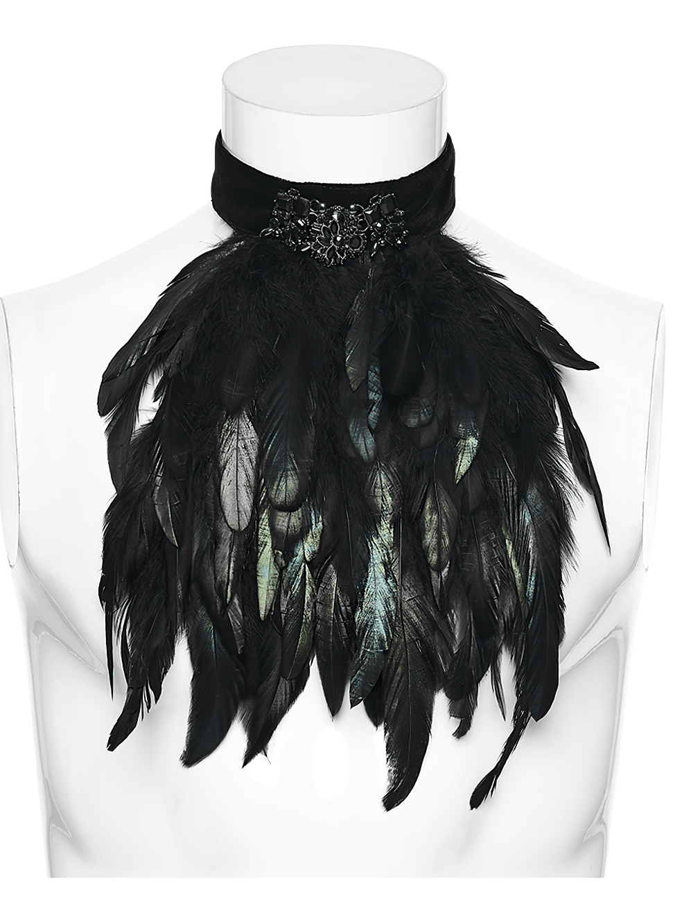 Gothic Feather Neck Collar with Velvet and Lace Detail featuring dramatic feathers and gemstone accent.