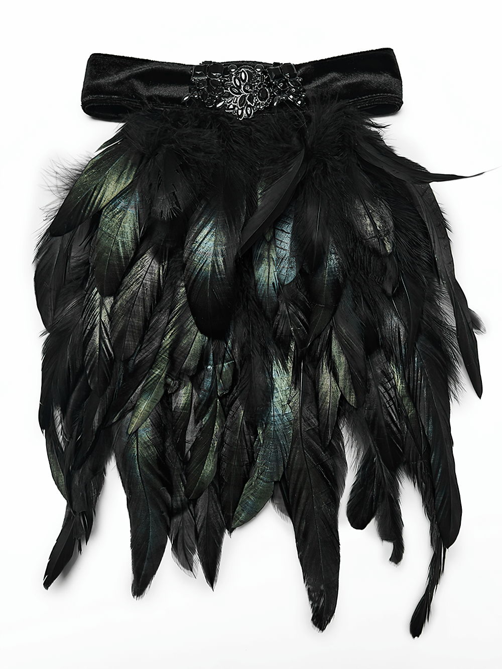 Gothic Feather Neck Collar with Velvet and Lace Detail featuring black feathers and a gemstone accent.