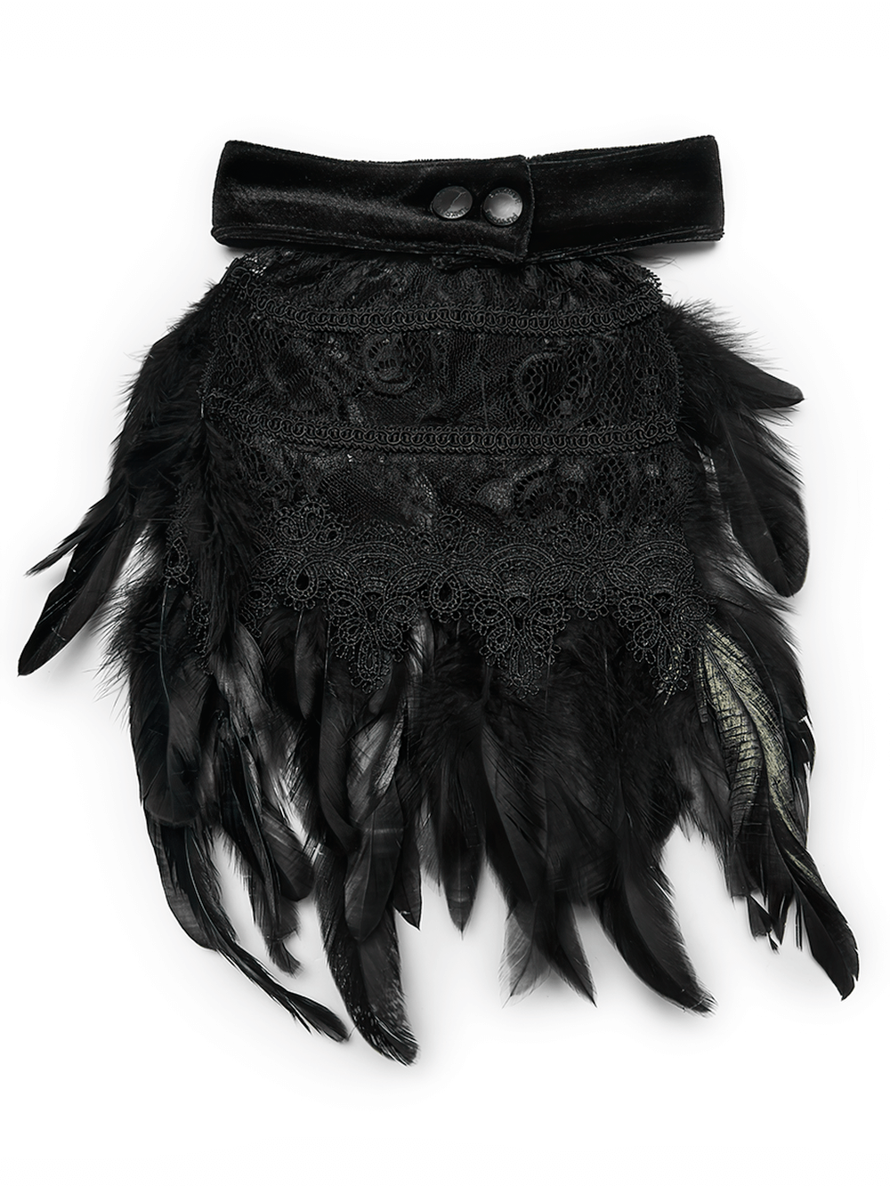 Gothic Feather Neck Collar with Velvet and Lace Detail featuring black feathers and lace embellishments.