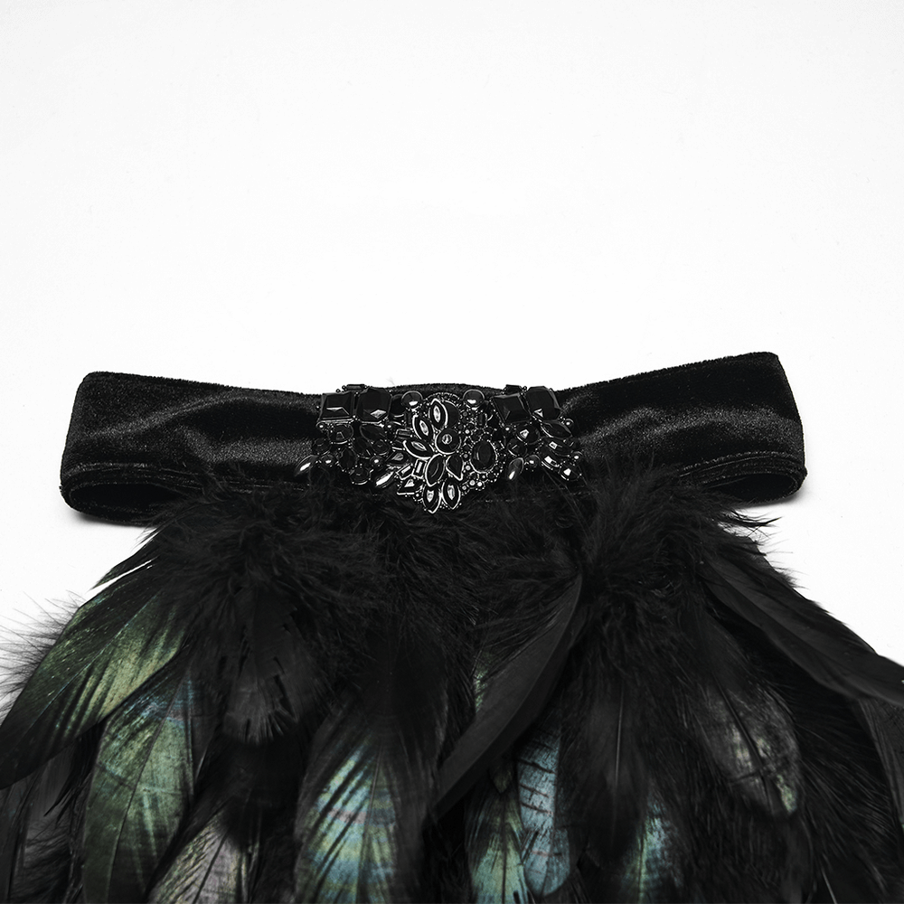 Gothic Feather Neck Collar with Velvet and Lace Detail featuring black feathers and gemstone embellishment.