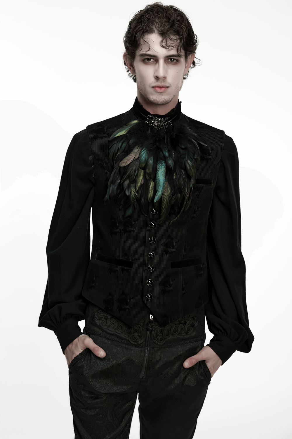 Gothic Feather Neck Collar with Velvet and Lace Detail worn by a model in a black outfit featuring glossy feathers.