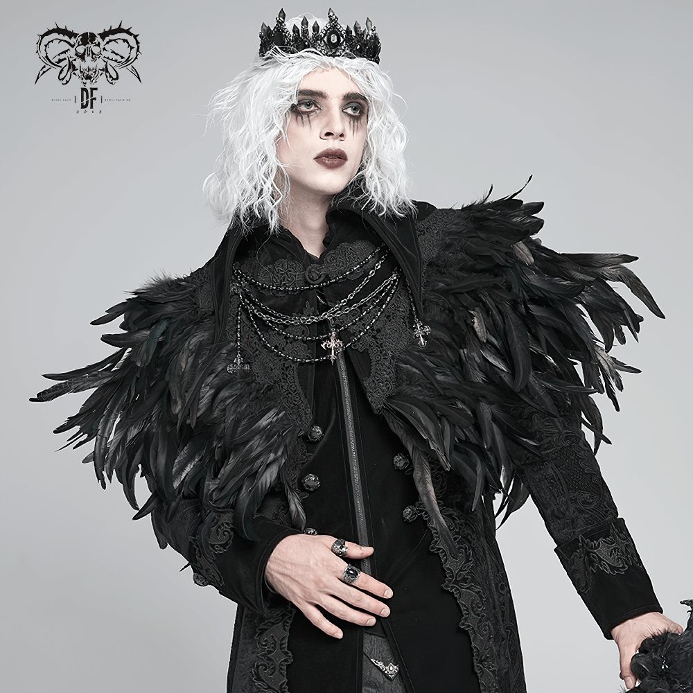Gothic Feather Shoulder Cape with Lace and Chains worn by a model showcasing dramatic gothic styling and dark elegance.