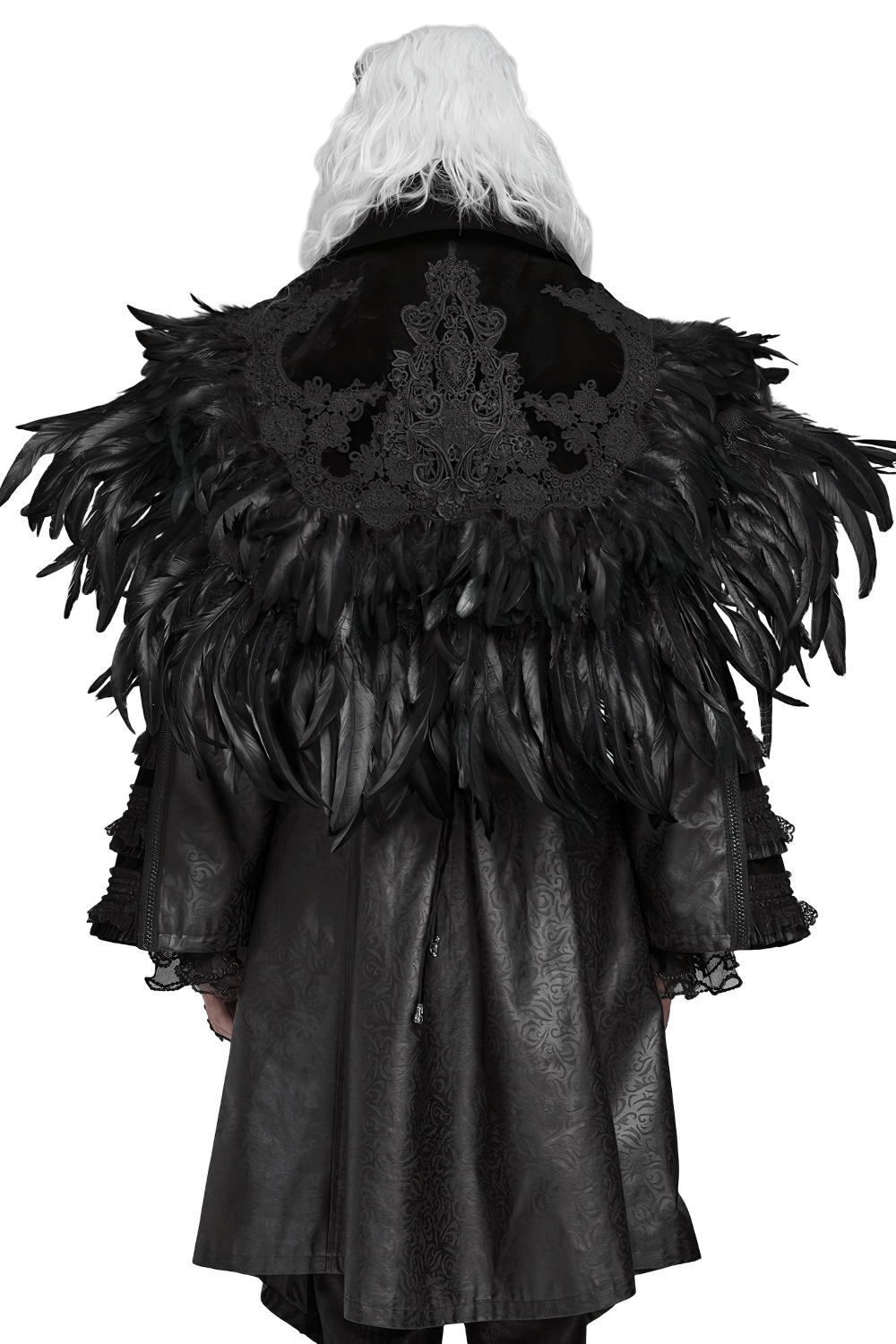 Gothic Feather Shoulder Cape with Lace and Chains showcasing layered feathers and lace, perfect for dramatic gothic looks.