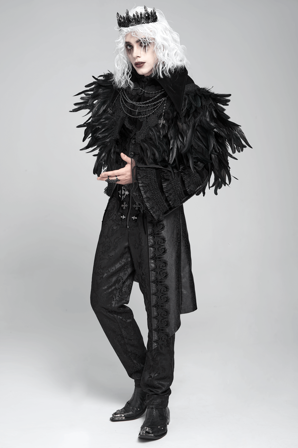 Gothic Feather Shoulder Cape with Lace and Chains worn by model, embellished with feathers and gothic accessories.