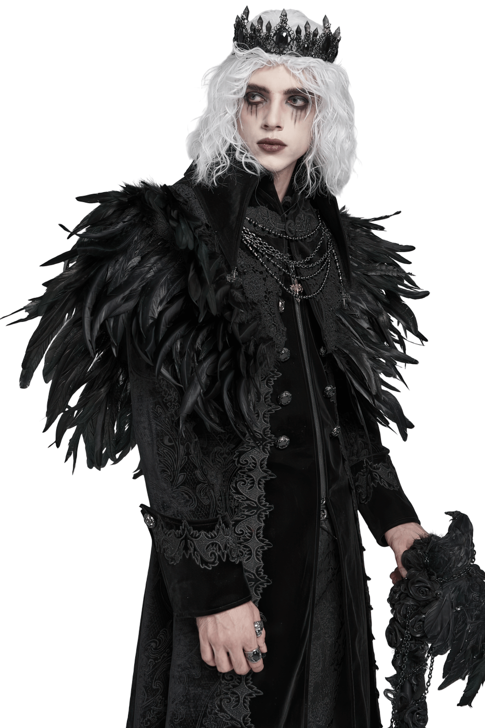 Gothic Feather Shoulder Cape with Lace and Chains styled with dark attire and crowned model for dramatic effect.